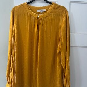 LOFT mustard Pleated Long Sleeve Blouse with Bib Collar